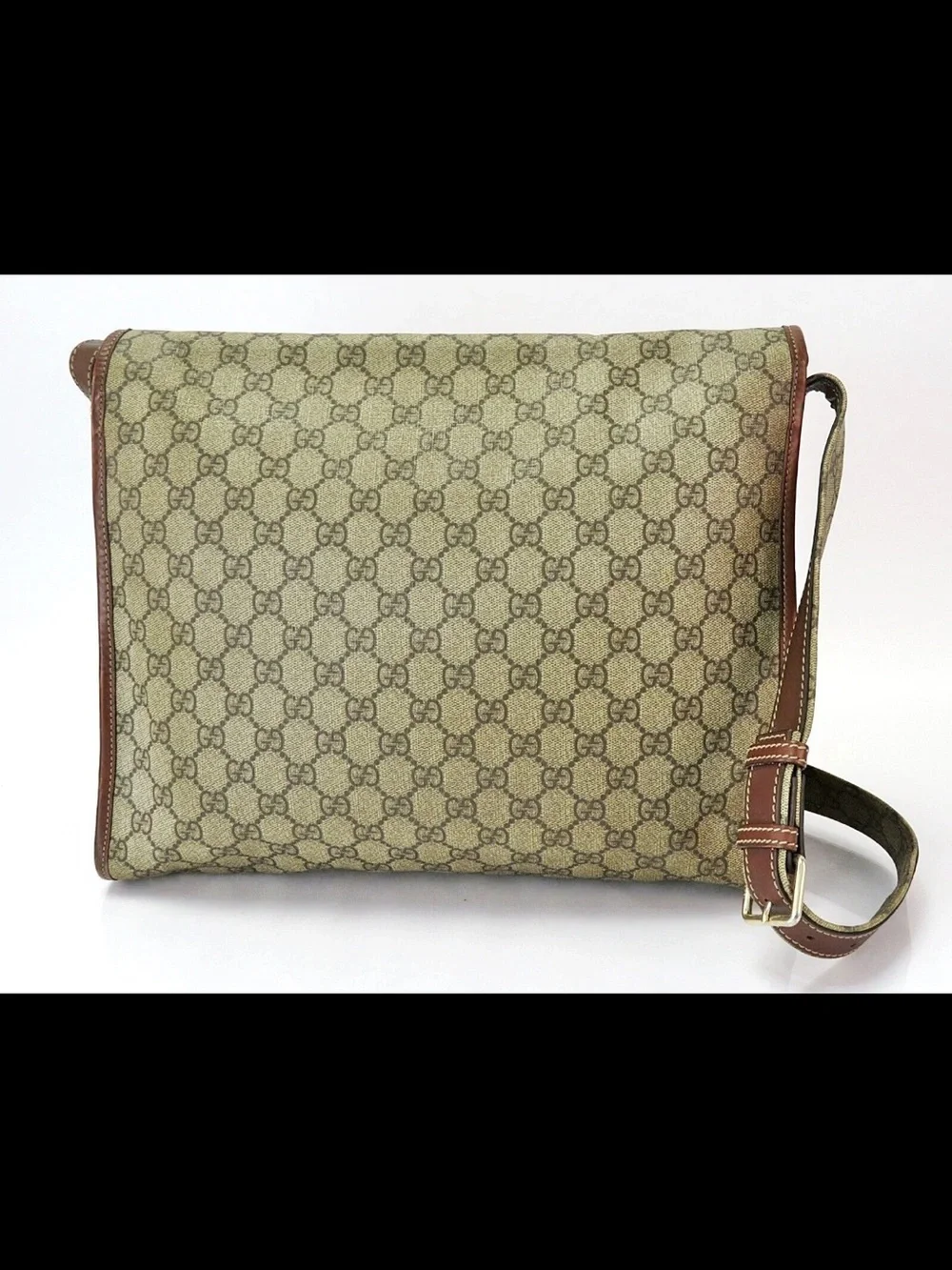 Gucci Beige GG Supreme Messenger Bag with Brown Trim and Green-Red Web